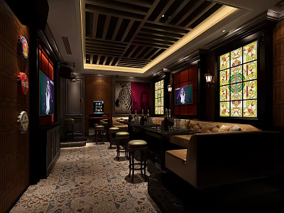 Elegant KTV Interior Design With Stained Glass Windows Comfortable Sofa And Bar Counter 3d model