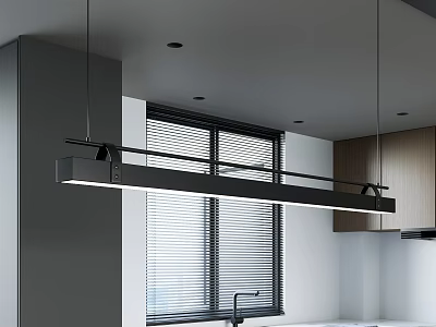 Modern Kitchen Chandelier With Long Black Design Over White Countertop And Blinds 3d model