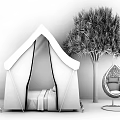 Pink and Gray Tent with Zebra Plush Toy Green Tree and Hanging Chair in Indoor
