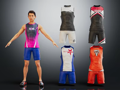 Man Surrounded By Colorful Athletic Tank Tops And Shorts With Various Designs 3d model