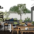 Modern Courtyard Garden Design With Water Feature Wooden Deck Lighting Outdoor Seating And Greenery