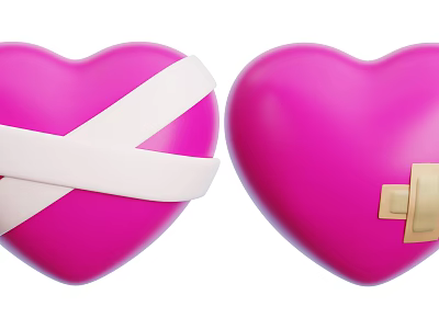 Two Pink Hearts One With White Cross Bandage And Another With Band Aid 3d model