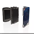 Three Electronic Devices With Different Decorative Frames Blue Screen And Red Button Design