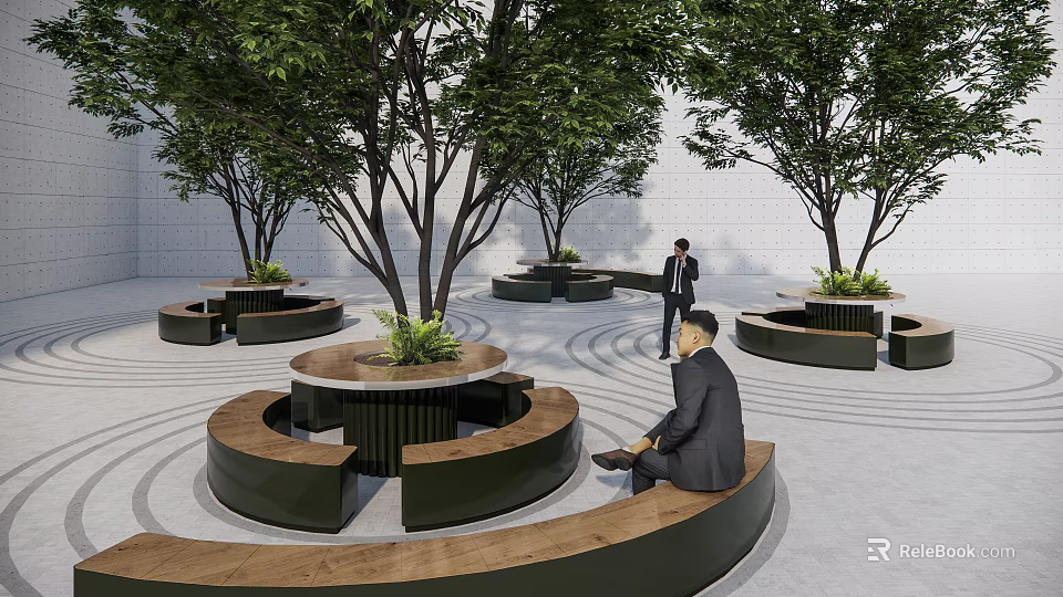 Tree Planter With Circular Wooden Bench Seating And Green Trees In Modern Urban Outdoor Space 3d model 