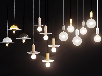 Modern Decorative Pendant Lights Design Featuring Glass Globes And Metal Frames Illuminated In Black Background 3d model