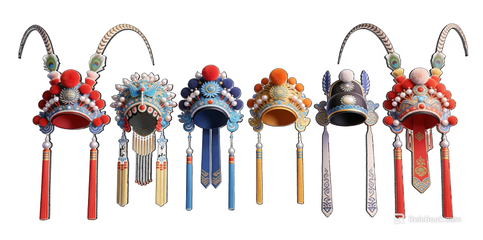 Traditional Chinese Opera Headdress Ornaments With Colorful Embroidered Tassels And Pom Poms 3d model 