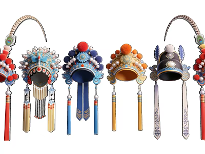 Traditional Chinese Opera Headdress Ornaments With Colorful Embroidered Tassels And Pom Poms 3d model