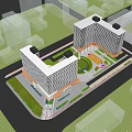 Aerial View Of Modern Office Building Complex With Greenery And Illuminated Courtyard