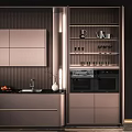 Modern Kitchen Interior With Copper Cabinets Island Dark Countertop And Appliances
