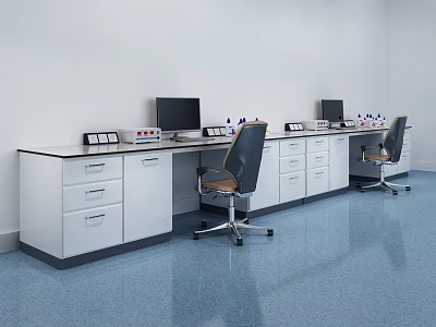 Functional Desk with White Cabinets Drawers Computer Monitors and Wheeled Chairs in Modern Lab Setting 3d model