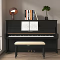 Black Piano With Music Sheets Books Lamp Potted Plant And Stool By Window With Blinds