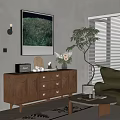 Wooden Chest of Drawers in Living Space with Armchair Potted Plant Artwork and Coffee Table