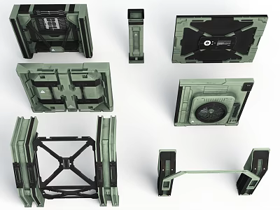 Futuristic Sci Fi Scene With Green Modular Mechanical Components And Interconnected Tech Structures 3d model