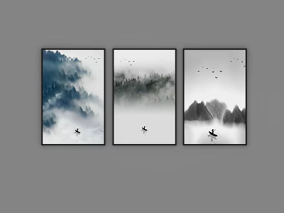 Chinese Landscape Paintings Triptych With Misty Mountains Boat And Flying Birds 3d model