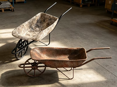 Vintage Metal Wheelbarrows As Essential Hardware Tools In Industrial Workshop 3d model