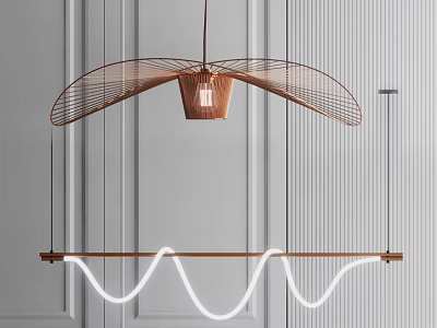 Modern Copper Pendant Light With Wave Shaped Design And Wooden Frame For Living Room 3d model