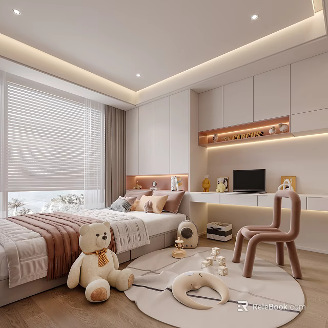 Modern Tatami Bedroom Interior With Tatami Bed Stuffed Toys White Cabinets TV And Blinds 3d model 