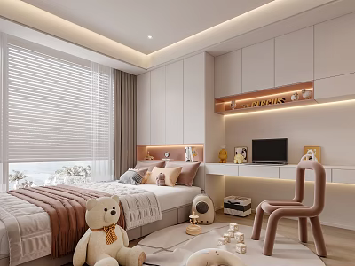 Modern Tatami Bedroom Interior With Tatami Bed Stuffed Toys White Cabinets TV And Blinds 3d model