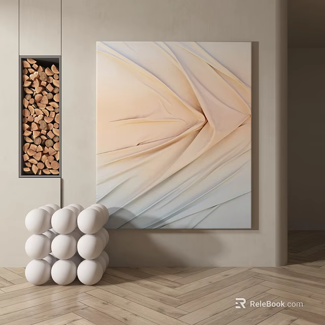 Abstract Fabric Texture Painting With White Spherical Sculpture And Firewood Niche 3d model