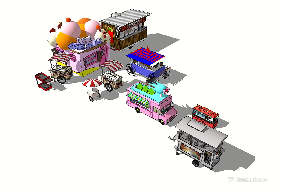 Various Colorful Mobile Food Vending Carts Including Ice Cream Truck And Snack Stalls 3d model 