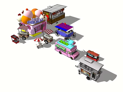 Various Colorful Mobile Food Vending Carts Including Ice Cream Truck And Snack Stalls 3d model