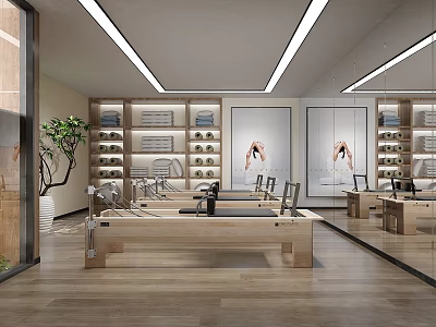 Modern Pilates Fitness Studio With Reformer Equipment Mirrors Storage Shelves And Wooden Floor 3d model