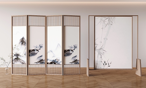 Japanese Style Log Folding Screen New Chinese Style Removable Partition 3d model