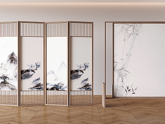 Japanese Style Log Folding Screen New Chinese Style Removable Partition 3d model