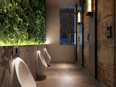 Public Toilet Modern Interior Design With Green Plant Wall Wooden Walls Urinals And Lighting 3d model