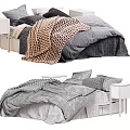 Stylish Double Bed With Gray Bedding Knitted Blanket And Black Beige Pillows