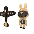 Wooden Wall Decor with Airplane Rabbit Shaped Clocks and Decorative Elements 3d model