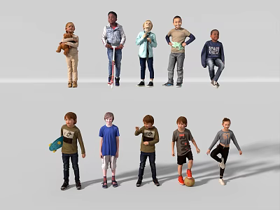 Group of Children in Different Poses with Toys Skateboard Soccer Ball and Drawing Board 3d model
