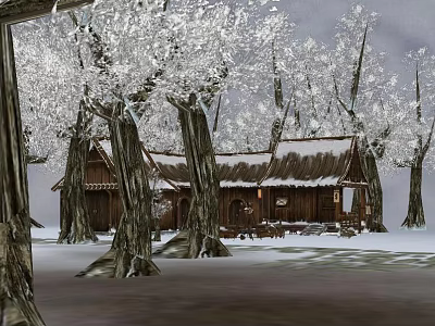 Serene Snowy Landscape With Wooden Cabin Snow Covered Trees And Thatched Roof 3d model