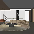 Modern Minimalist Living Room Interior With Beige Curved Sofa Round Coffee Table And Wooden Ceiling