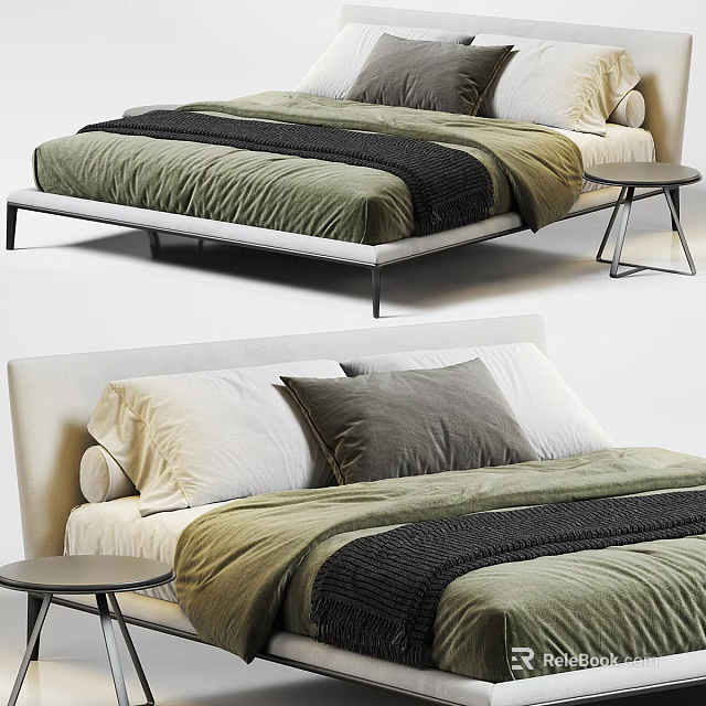 Modern Double Bed with Beige Headboard Green Black Bedding and Side Table 3d model