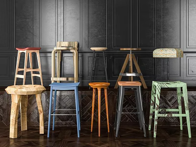Colorful Bar Stools With Various Designs Against Dark Wall And Wooden Floor 3d model Colorful Bar Stools With Various Designs Against Dark Wall And Wooden Floor 3d model