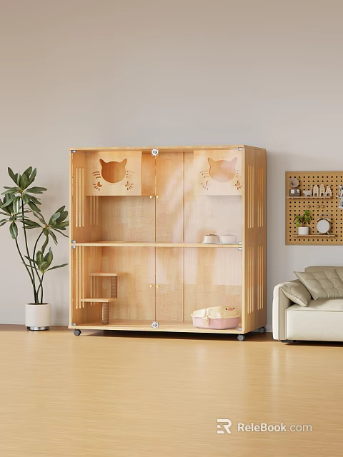 Wooden Cat Furniture with Cat Face Design Shelves and Wheels in Living Room 3d model 