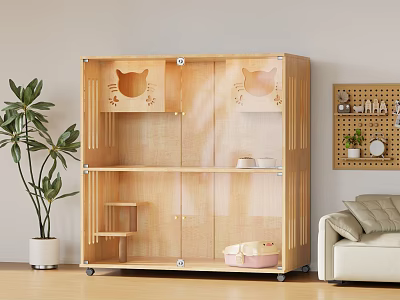 Wooden Cat Furniture with Cat Face Design Shelves and Wheels in Living Room 3d model