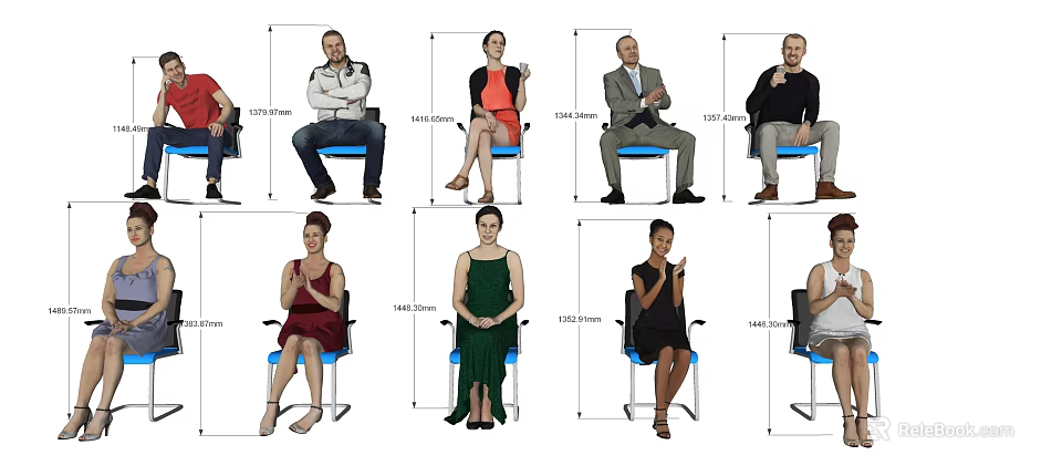 Group of People Sitting on Chairs with Various Postures and Height Measurements 3d model 