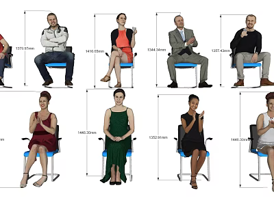 Group of People Sitting on Chairs with Various Postures and Height Measurements 3d model