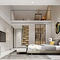Modern Bedroom Interior With King Bed Decorative Mirror And Floor To Ceiling Windows