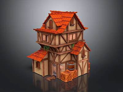 Two Story Traditional Wooden House Exterior with Red Roof and Wooden Barrel Crate 3d model