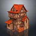 Two Story Traditional Wooden House Exterior with Red Roof and Wooden Barrel Crate
