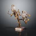Perched Owls on Branch with Yellow Leaves and Wooden Base in Dark Background