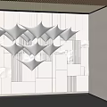 Modern Interior Space With Unique Shaped Chandelier And Geometric Wall Design