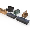 Household Storage Items Including Wooden Baskets And Metal Boxes With Handles