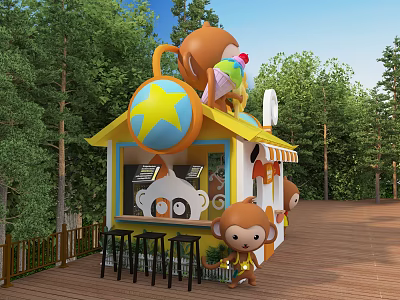 Cartoon Monkey Themed Specialty Store Featuring Yellow Roof Star Decor Ice Cream And Outdoor Seating 3d model