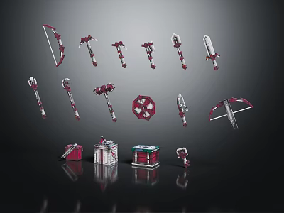 Red White Weapons Collection Featuring Bow Hammer Sword Axe Dagger Shield And Storage Boxes 3d model