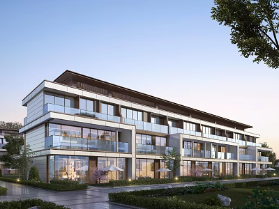 Modern Townhouse with Multi Level Design Glass Windows and Balconies 3d model