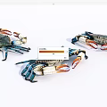 Three Aquatic Crabs With Blue Green Shells And Orange Claws On White Background